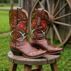 1990s • Dan Post • “Blue Birds” Inlay Boots • Women’s 8 M